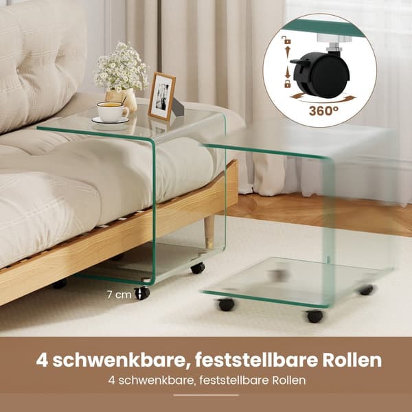 C-format sidobord i härdat glas med hjul