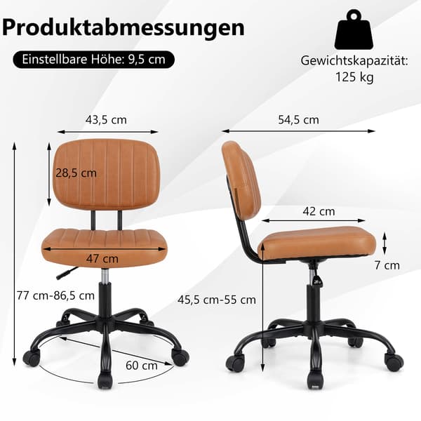 Ergonomisk kontorstol uden armlæn, brunt kunstlæder