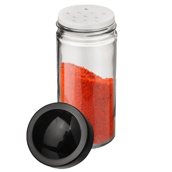 Glasbeholder til krydderier med sort plastikhætte