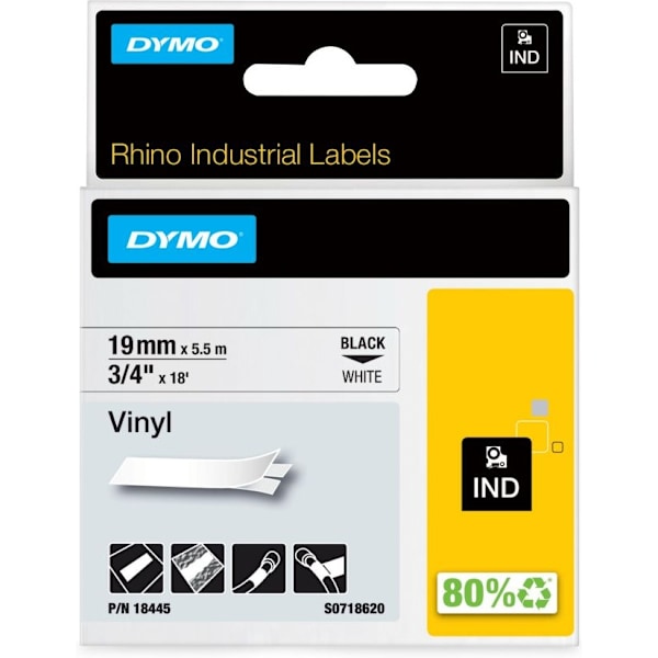 Dymo Rhino Industrial - vinyltejp 19 mm x 5,5 m, svart på vit bakgrund