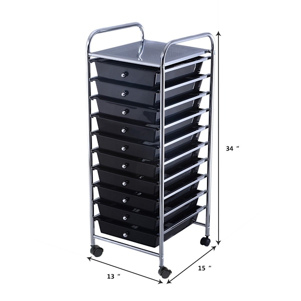 Rullevogn, rullecontainer, badeværelsesvogn, badeværelsesvogn, sidevogn med 10 skuffer, sort