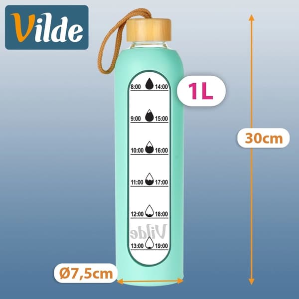 Glasvattenflaska med mintgrönt silikonfodral, 1L