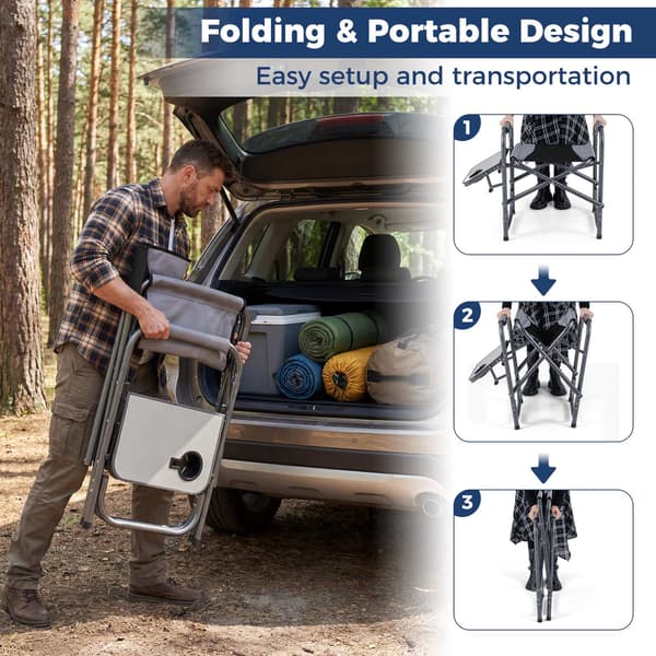 Sammenklappelig campingstol med sidebord, kapacitet 180 kg