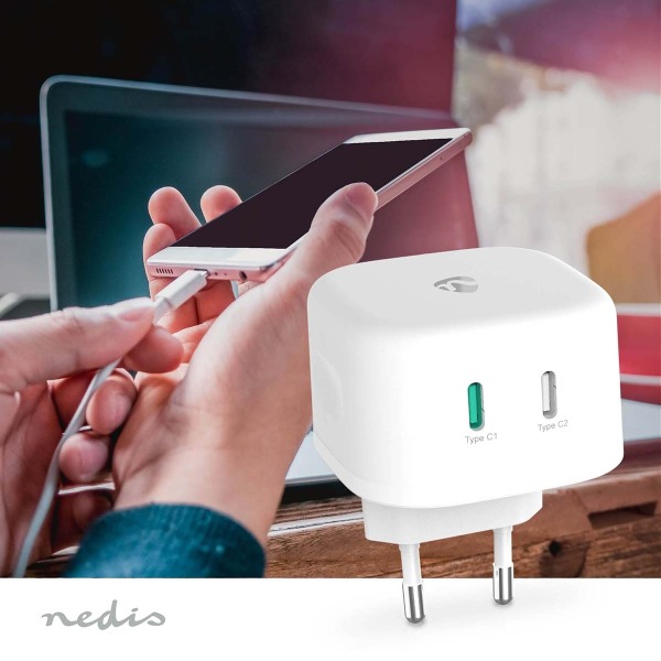 Väggladdare | 45 W | GaN | Snabbladdnings funktion | 2.25 A / 3.0 A | Antal utgångar: 2 | 2x USB-C™ | Automatiskt val av Spänning