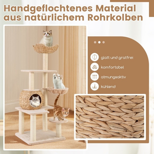 Kradsestolpe med kattehule 150 cm højt kattetræ med hængekøje op til 10 kg beige + natur