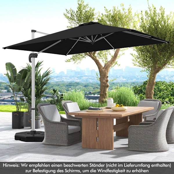 Rektangulær parasol 300 x 300 cm stor cantilever parasol med håndsving sort