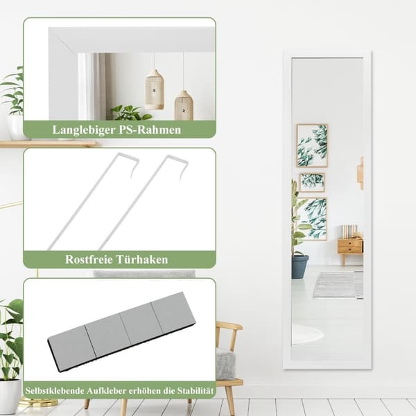 Rektangulär helkroppsspegel med hängkrok för dörr 33x119cm vit