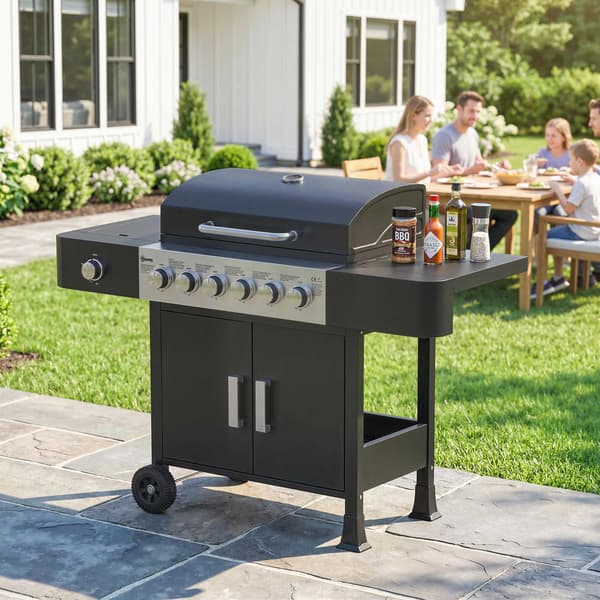 Gasgrill i rustfrit stål med 6 brændere og sidebrænder