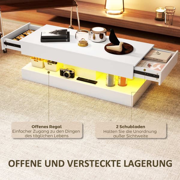 Sofabord med skuffer og LED-lys, Hvid MDF