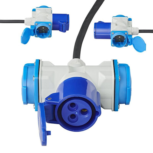 Adapterikaapeli 150cm 3x2,5mm² Schuko-pistokkeesta 1xCEE + 2xSchuko-pistorasiaan