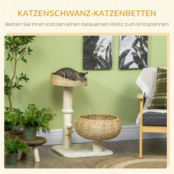 Kradsestolpe 72 Cm Højt Klatretræ Med 2 Kattesenge & Legebold, Sisal Søjler, Beige + Cremehvid