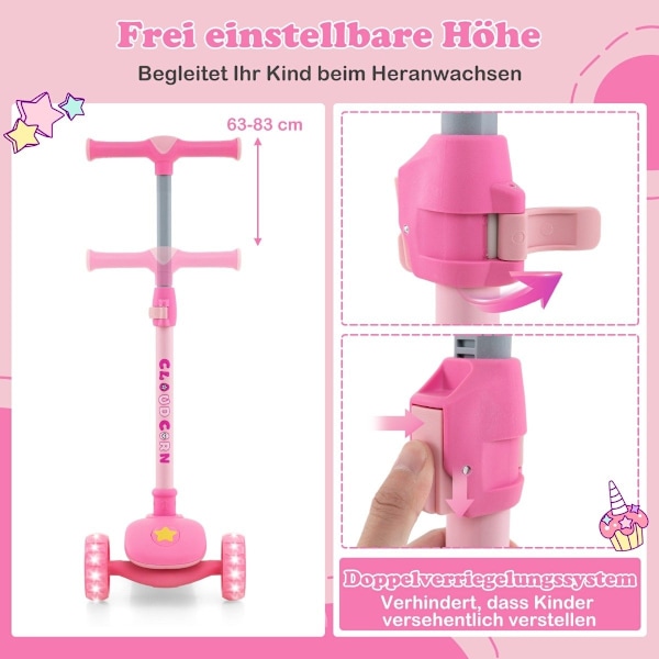 Sammenfoldelig børnescooter med PU LED hjul og bagbremse, højdejusterbar scooter, pink