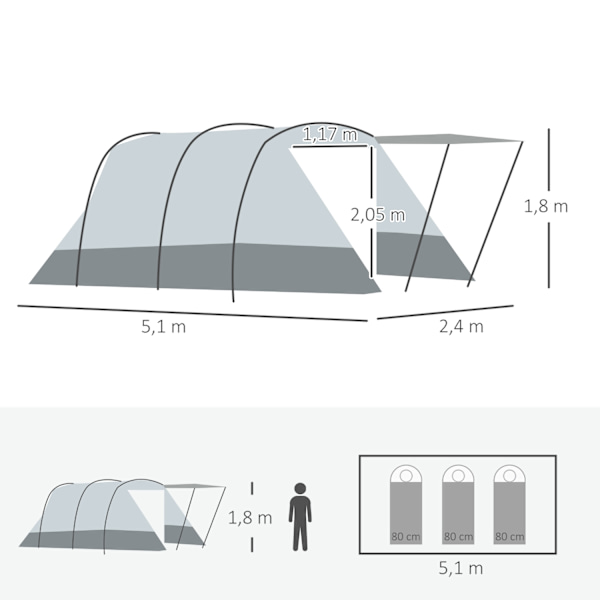 Tunnel Telt 8-Personers Campingtelt Med Sovekabine, Stue, Bæretaske, 2000 Mm Vandsøjle, Grå