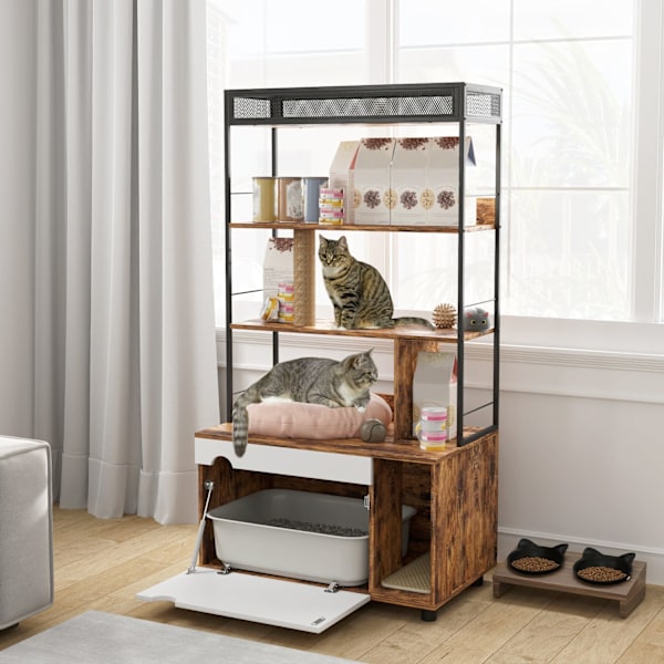2-i-1 kattebakkeskab, kattebakke med 3-lags hylde, kradsestolpe, foldedør, kattehus til katte under 6 kg, 80 x 48 x 152 cm, rustik brun