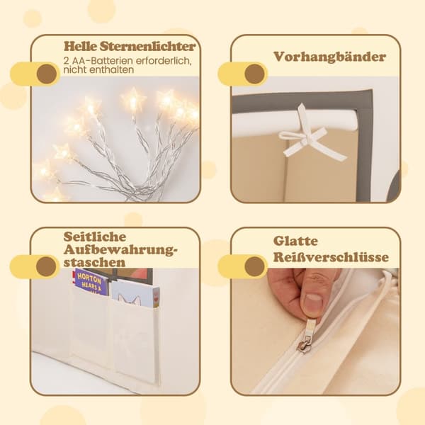 Børns indendørs legehustelt med stjernelys, beige og sort