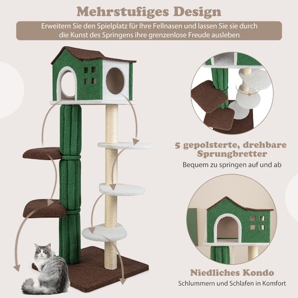 Kradbestolpe i flere niveauer, stabil kat-kradsestolpe med sisal-beklædte kradsestolper og 5 plysplatforme, kattemøbel 153 cm
