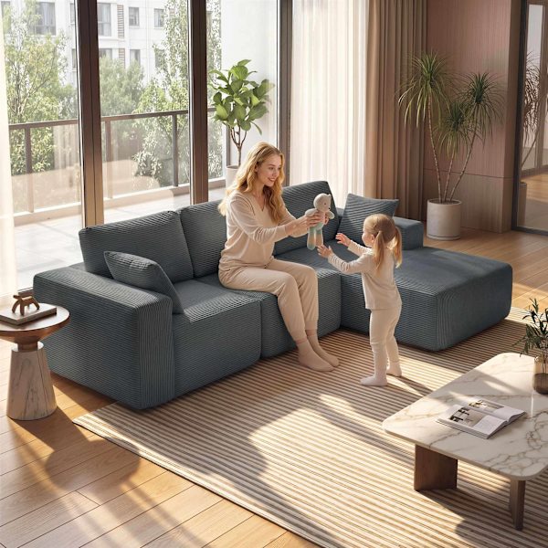 Modulär L-formad bäddsoffa, djup sits, manchester, mörkgrå