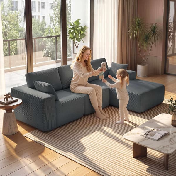 Modulær L-formet sovesofa, dyb sæde, fløjlsbukser, mørkegrå