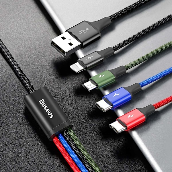 USB kabel 4i1 Iphone Lightning 2 x USB-C microUSB i nylon fletning 3,5A 1,2m sort