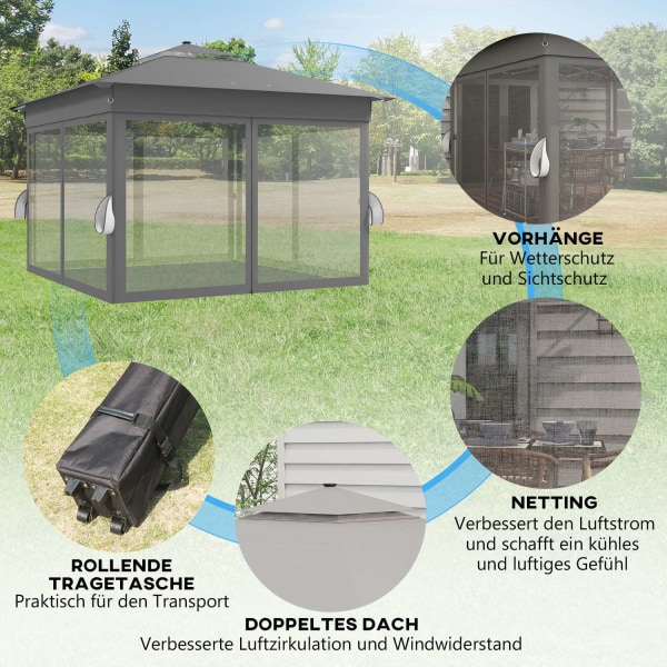 Foldepavillon Ca 3 X 3 M, Pavillon Med Led, 4 Mesh Gardiner, Sidevæg, Havepavillon Med Vandpose, Dobbelttag, Bæretaske, Mørkegrå.