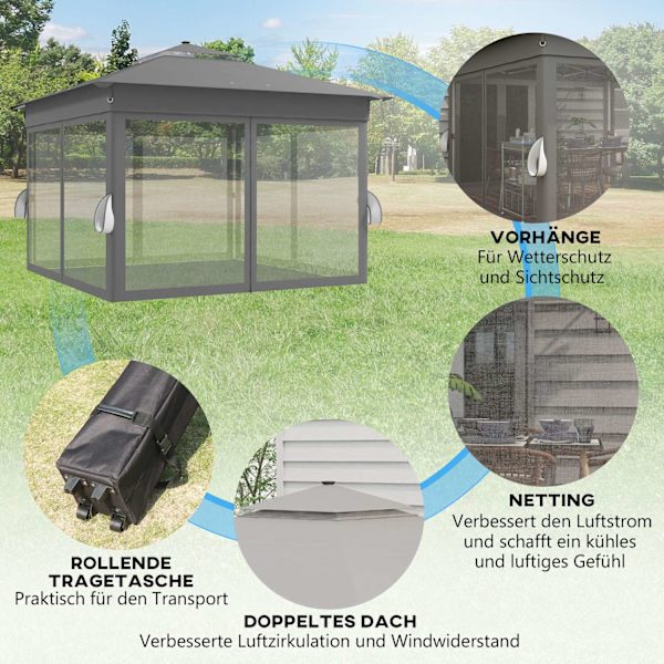 Outsolny Vikpaviljong Ca 3 X 3 M, Paviljong Med Led, 4 Nätgardiner, Sidovägg, Trädgårdspaviljong Med Vattenpåse, Dubbeltak, Bärväska, Mörkgrå.