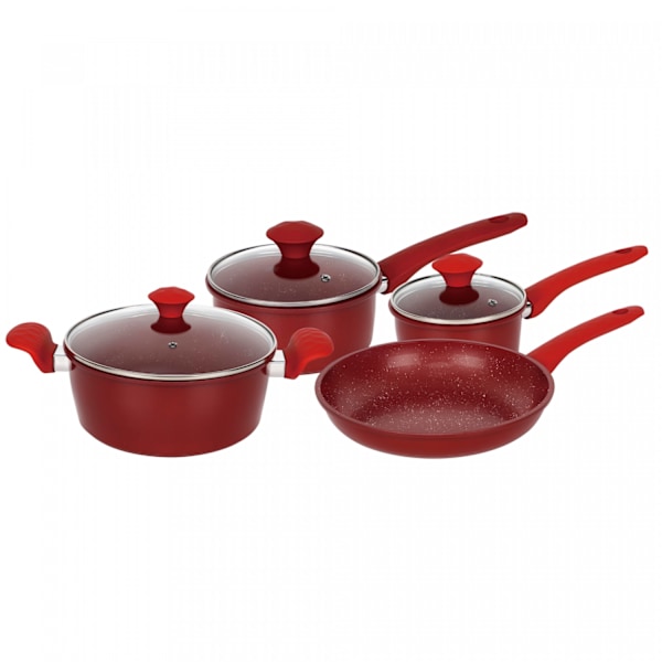 Herzberg HG-04715RED: 7 osaa marmoripäällysteinen valurautainen keittoastiasetti - punainen