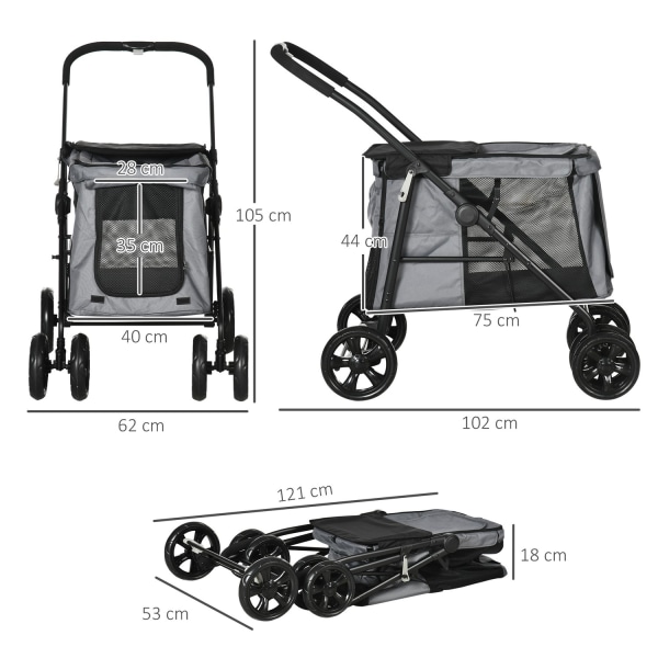 Hundeklapvogn, Sammenfoldelig Hundeklapvogn, Hundevogn Med Pude, Kattevogn Op Til 20 Kg, Kattevogn, Mesh-Vindue, Oxford-Stof, Grå+Sort