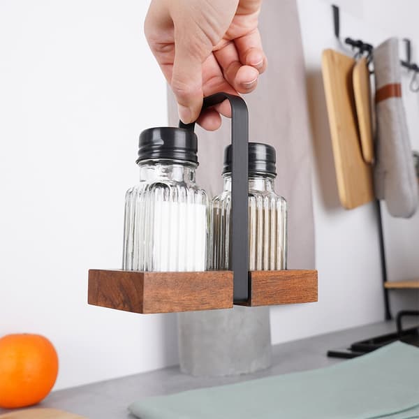 Salt och peppar shakers med stativ, 3-delad set