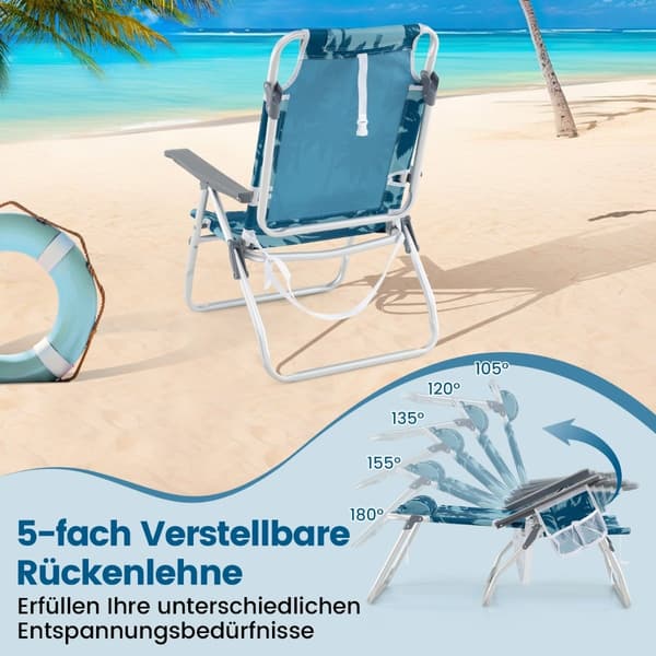 Hopfällbara strandstolar med bord, justerbart ryggstöd, blå