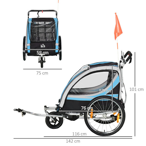 Cykeltrailer 2 I 1 Klapvogn Buggy, 360° Drejelig, Stål Oxford, Blå+Sort