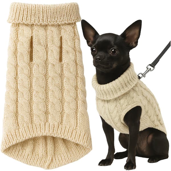 Hund-/katttröja, varm beige stickad, storlek S