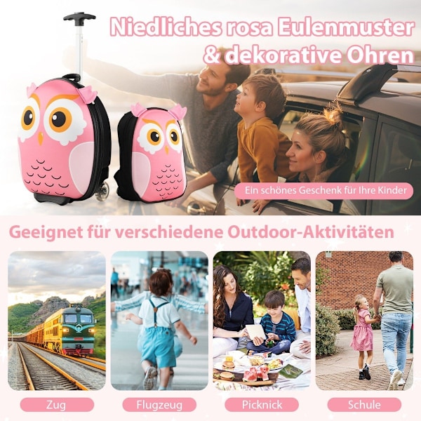 2-osainen lasten matkalaukku & reppu pyörillä ja 3-vaiheisella teleskooppikahvalla 12"+16" lasten vaunupöllö
