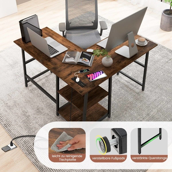 Skrivebord L-Shape hjørne skrivebord med stikkontakter &amp; USB-porte 120 x 120 x 75 cm rustik brun