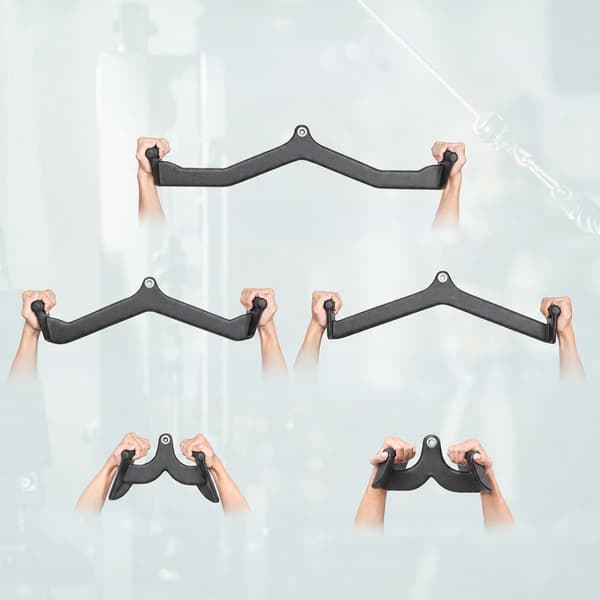 Lat Pulldown-stänger, set om 5 med stål-V-grepp, PVC-belagda, svarta
