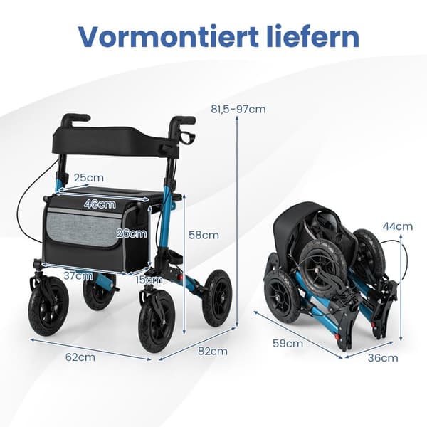 Fällbar lättviktsrollator med luftdäck, aluminium, 140 kg Kapacitet