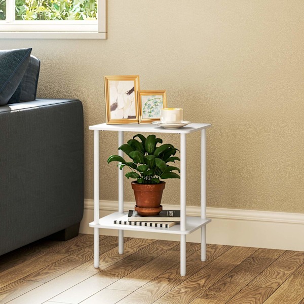 Sidobord, 2-vånings soffbord med förvaringsfack och metallram, modernt soffbord för vardagsrum, sovrum, vit