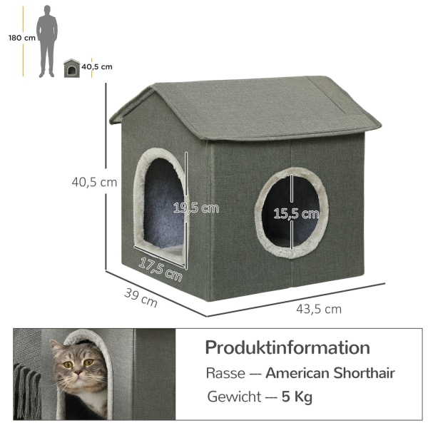 Cat Cave Kodikas Kissatalo Kahdella Ovella, Tyynyt, Kissansänky Enintään 5 Kg, Polyesteri Harmaa