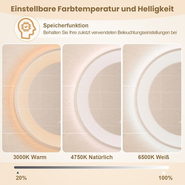 Ø 60 cm LED badrumsspegel med 3-färgslampor och sminkspegel med touchbrytare