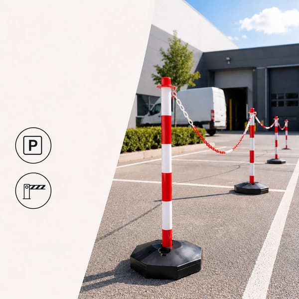 Plastavspärrningsstolpar med kedja, röd/vit – 10-pack