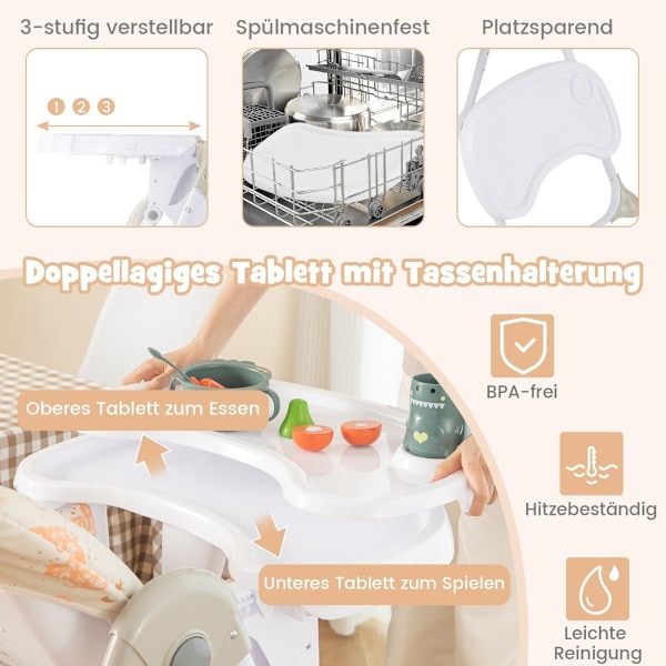 6 i 1 konvertibel barnestol med lænefunktioner &amp; Dobbeltbakke Foldestol Beige