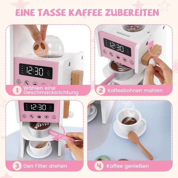 Hörnlekök i trä med ljud &amp; Ljus &amp; Kaffemaskin &amp; Slide Toddler Kitchen Lekset Rosa