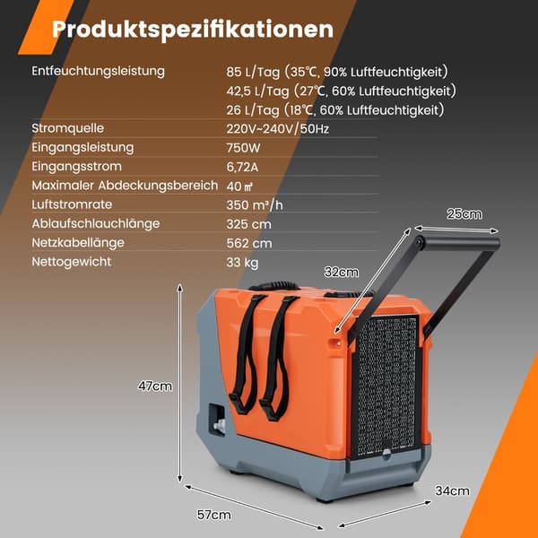 Kommerciel affugter 85L - Dag, Pumpe, 24-timers timer