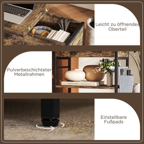 Sidebord med strømstik, USB-porte, 2-lags opbevaring, rustik brun