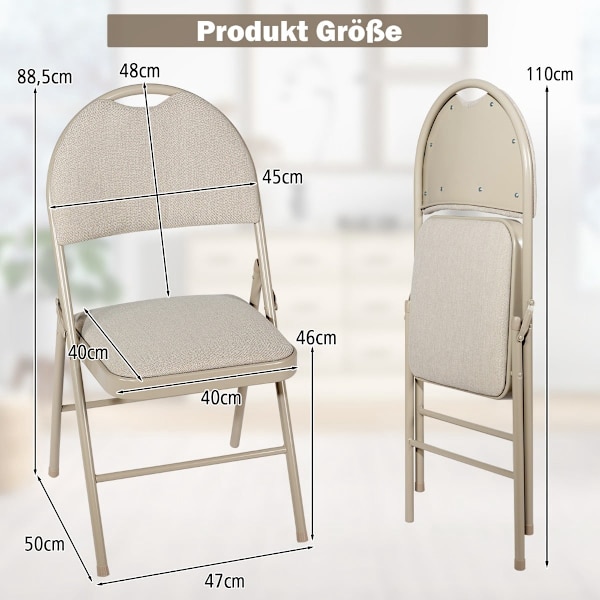 4 beige fällstolar, metallram, stoppad sits