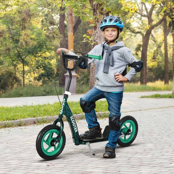 Justerbar barnsparkcykel med broms, stativ, stål, grön