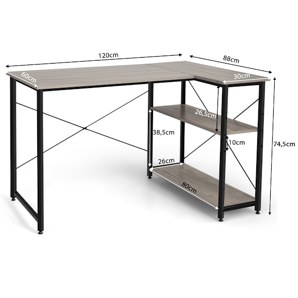 L-formet skrivebord hjørne computerbord med opbevaringsrum kontorbord 120 x 88 x 74,5 cm grå