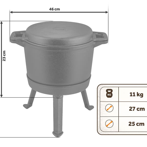 Støbejernsgryde med grillpande, 8L til bål