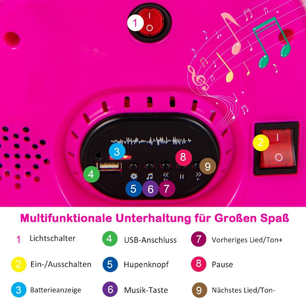 6V barnbil 360 graders rotation med musik & färgglada LED-lampor Rosa