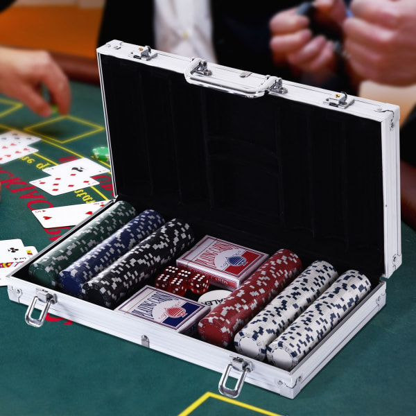 Poker Case Sæt 300 Chips 2 Kortspil 5 Terninger Aluminium Case P