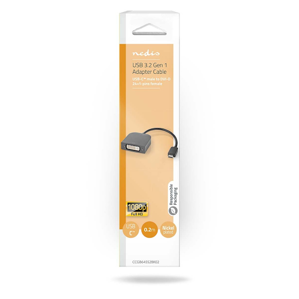 USB-C™ Adapter | USB 3.2 Gen 1 | USB-C™ Han | DVI-D 24+1-Pins Hun | 1080p | 0.20 m | Runde | Nikkelplateret | PVC | Sort | Box